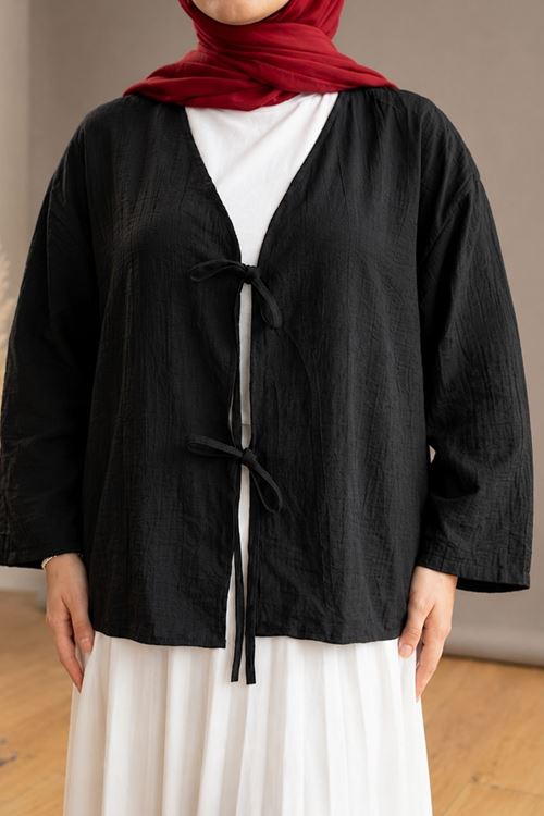 Kadın Siyah Ön Bağlamalı Yeni Sezon Günlük Rahat Kalıp Trend İnce Çilek Kumaş  Tesettür Kimono Tunik