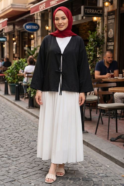 Kadın Siyah Ön Bağlamalı Yeni Sezon Günlük Rahat Kalıp Trend İnce Çilek Kumaş  Tesettür Kimono Tunik