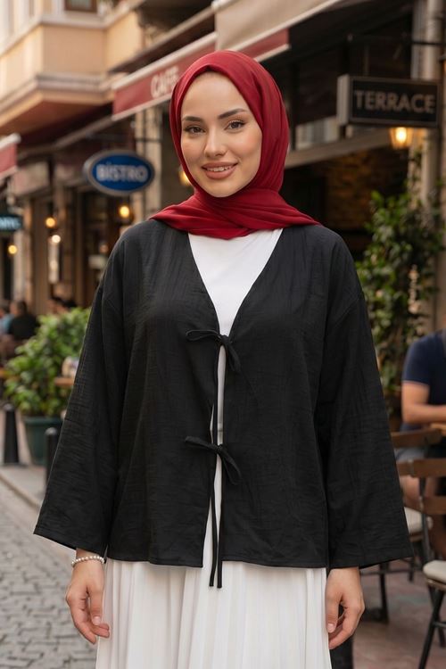 Kadın Siyah Ön Bağlamalı Yeni Sezon Günlük Rahat Kalıp Trend İnce Çilek Kumaş  Tesettür Kimono Tunik