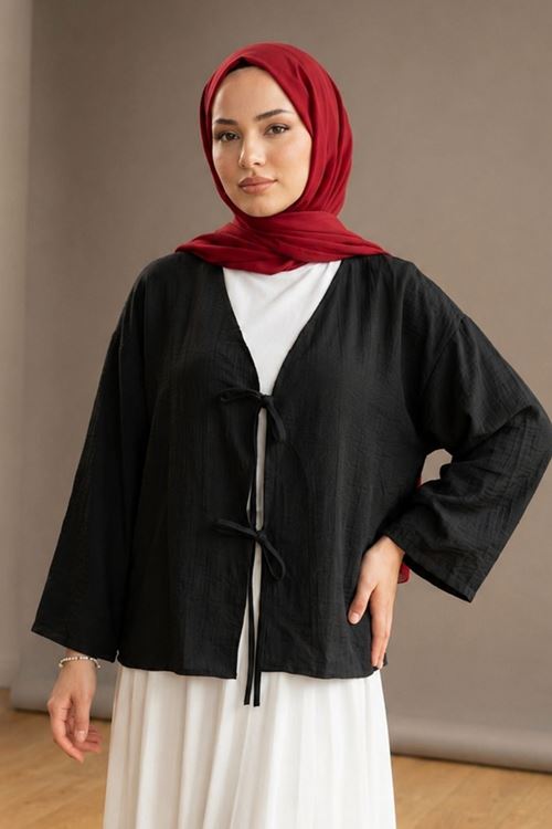 Kadın Siyah Ön Bağlamalı Yeni Sezon Günlük Rahat Kalıp Trend İnce Çilek Kumaş  Tesettür Kimono Tunik