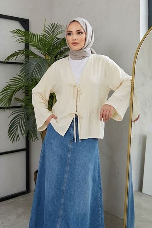 Kadın Taş Ön Bağlamalı Yeni Sezon Günlük Rahat Kalıp Trend İnce Çilek Kumaş  Tesettür Kimono Tunik
