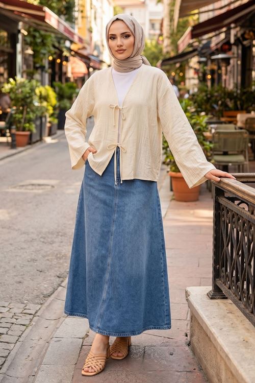 Kadın Taş Ön Bağlamalı Yeni Sezon Günlük Rahat Kalıp Trend İnce Çilek Kumaş  Tesettür Kimono Tunik