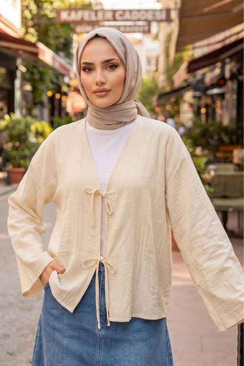 Kadın Taş Ön Bağlamalı Yeni Sezon Günlük Rahat Kalıp Trend İnce Çilek Kumaş  Tesettür Kimono Tunik