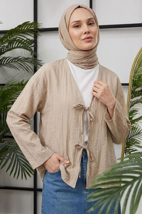 Kadın Vizon Ön Bağlamalı Yeni Sezon Günlük Rahat Kalıp Trend İnce Çilek Kumaş  Tesettür Kimono Tunik
