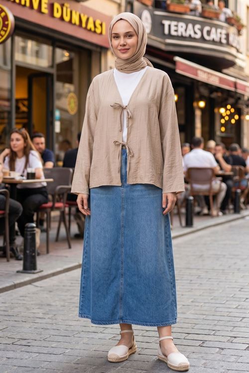 Kadın Vizon Ön Bağlamalı Yeni Sezon Günlük Rahat Kalıp Trend İnce Çilek Kumaş  Tesettür Kimono Tunik
