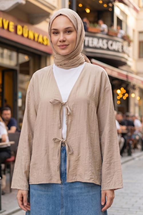 Kadın Vizon Ön Bağlamalı Yeni Sezon Günlük Rahat Kalıp Trend İnce Çilek Kumaş  Tesettür Kimono Tunik
