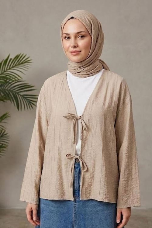 Kadın Vizon Ön Bağlamalı Yeni Sezon Günlük Rahat Kalıp Trend İnce Çilek Kumaş  Tesettür Kimono Tunik