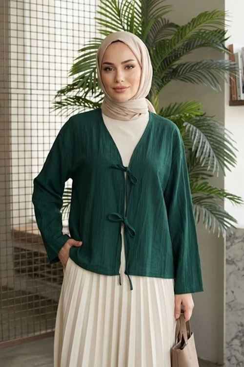Kadın Zümrüt Yeşili Ön Bağlamalı Yeni Sezon Günlük Rahat Kalıp Trend İnce Çilek Kumaş  Tesettür Kimono Tunik