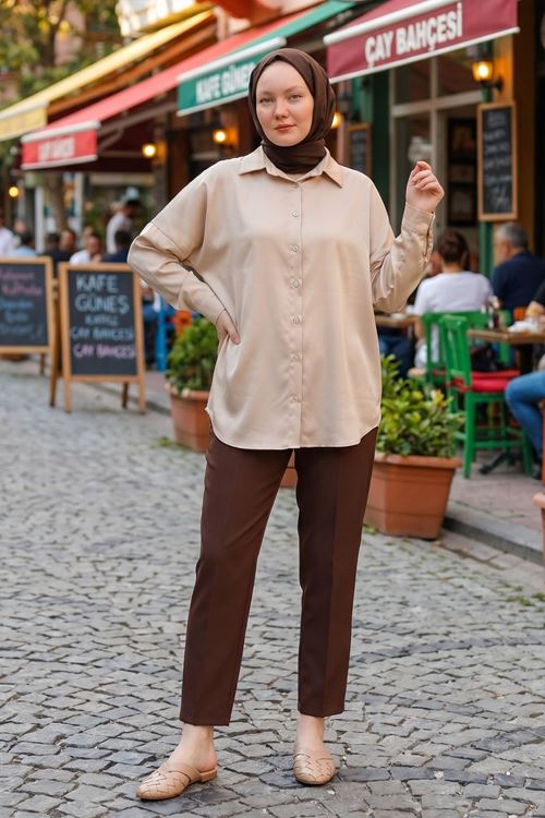 Kadın Bej Saten Kumaş Yazlık Trend Tesettür Gömlek Tunik
