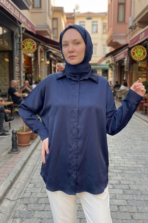 Kadın Lacivert  Saten Kumaş Yazlık Trend Tesettür Gömlek Tunik  