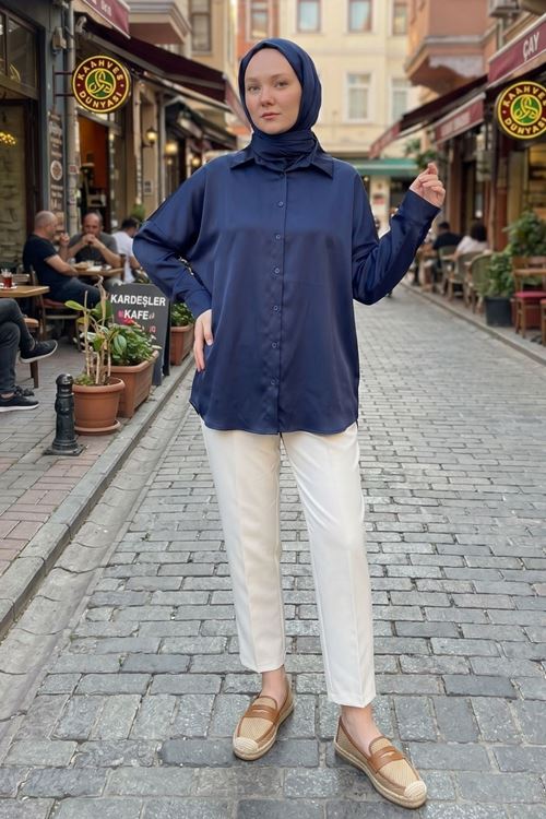 Kadın Lacivert  Saten Kumaş Yazlık Trend Tesettür Gömlek Tunik  