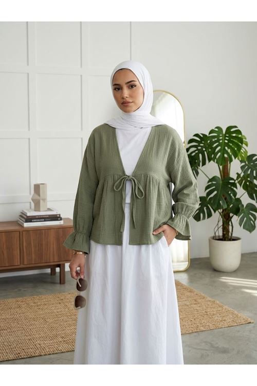 Önü Bağlamalı Kısa Kimono-Haki