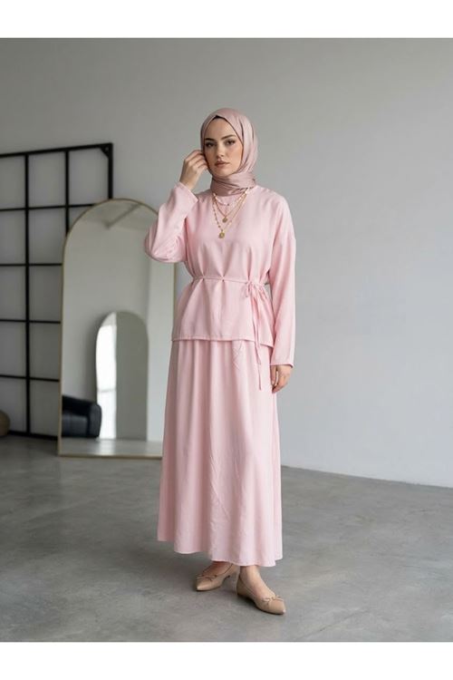 Arka Fermuarlı Etekli Takım-Pembe