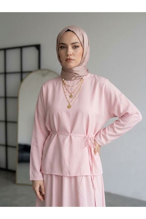 Arka Fermuarlı Etekli Takım-Pembe