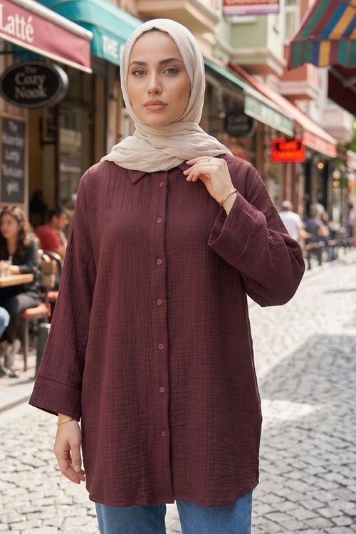 Kadın Tesettür Gömlek Bordo Duble Kol Müslin Kumaş Yazlık Rahat Kalıp Tesettür Gömlek Tunik 