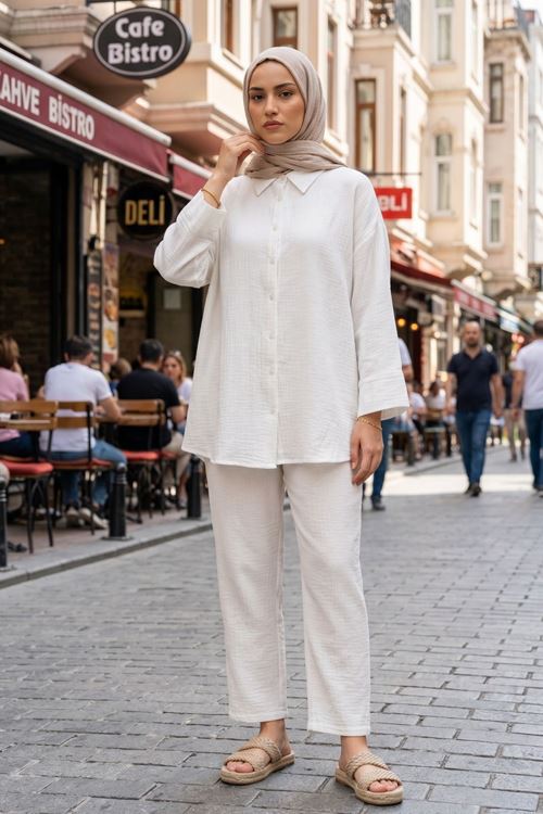 Kadın Tesettür Gömlek Ekru Duble Kol Müslin Kumaş Yazlık Rahat Kalıp Tesettür Gömlek Tunik 