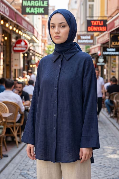 Kadın Tesettür Gömlek Lacivert Duble Kol Müslin Kumaş Yazlık Rahat Kalıp Tesettür Gömlek Tunik 