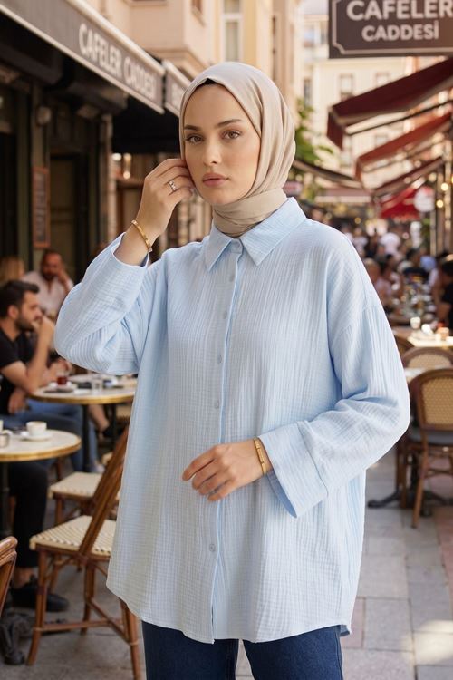 Kadın Tesettür Gömlek Mavi Duble Kol Müslin Kumaş Yazlık Rahat Kalıp Tesettür Gömlek Tunik 