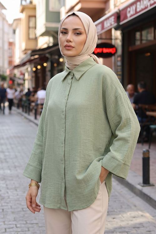 Kadın Tesettür Gömlek Mint Yeşil Duble Kol Müslin Kumaş Yazlık Rahat Kalıp Tesettür Gömlek Tunik 