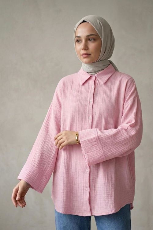 Kadın Tesettür Gömlek Pembe Duble Kol Müslin Kumaş Yazlık Rahat Kalıp Tesettür Gömlek Tunik 
