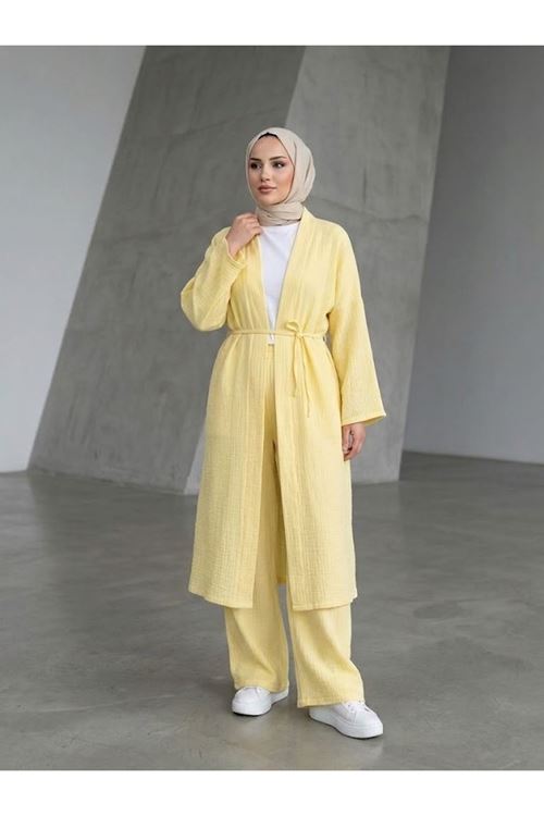 Uzun Hırka Pantolonlu Takım-Sarı