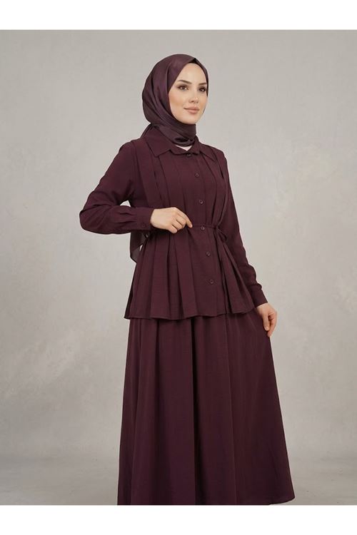 Ön Pilikaşe Etekli Takım-Bordo