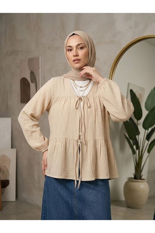 İki Bağlamalı Müslin Tunik-Bej