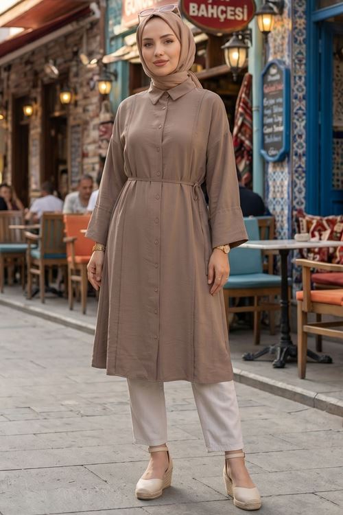 Kadın Duman  Gömlek Yaka Full Düğmeli Ön Nevrür Detay  Yazlık Trend Tesettür Uzun Tunik