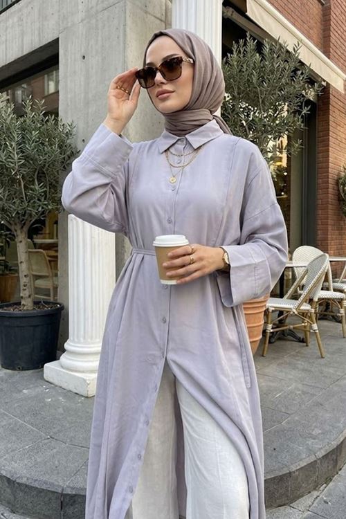 Kadın Gri Gömlek Yaka Full Düğmeli Ön Nevrür Detay  Yazlık Trend Tesettür Uzun Tunik