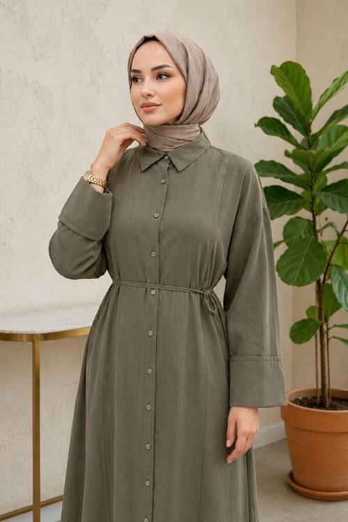 Kadın Haki Gömlek Yaka Full Düğmeli Ön Nevrür Detay  Yazlık Trend Tesettür Uzun Tunik
