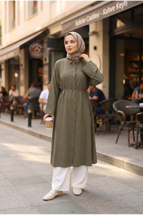 Kadın Haki Gömlek Yaka Full Düğmeli Ön Nevrür Detay  Yazlık Trend Tesettür Uzun Tunik