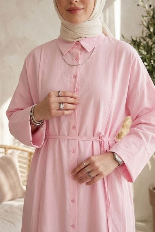 Kadın Pembe Gömlek Yaka Full Düğmeli Ön Nevrür Detay  Yazlık Trend Tesettür Uzun Tunik