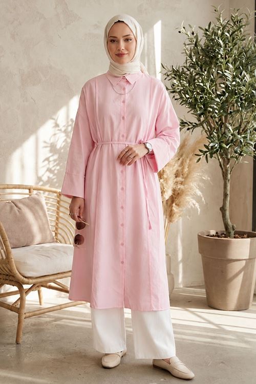 Kadın Pembe Gömlek Yaka Full Düğmeli Ön Nevrür Detay  Yazlık Trend Tesettür Uzun Tunik