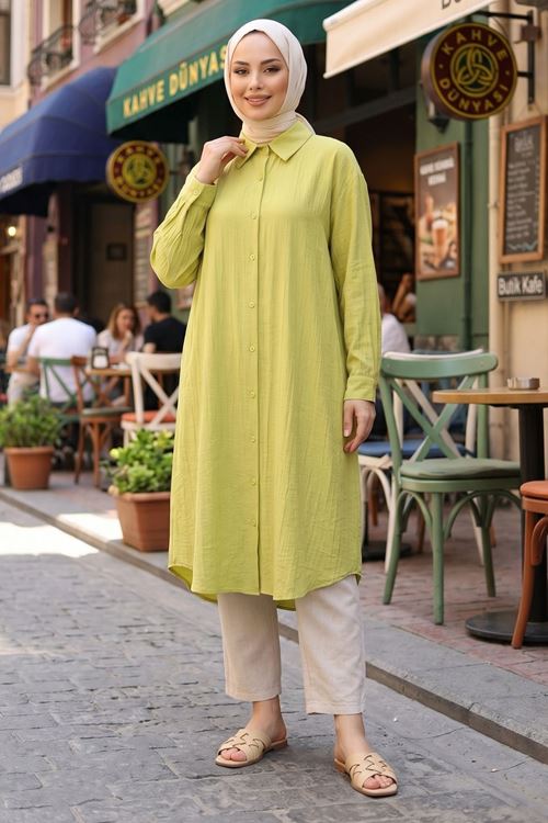 Kadın Gömlek Yaka Arka A Pile Çilek Kumaş Yazlık Efil Efil Trend 110 CM Yağ Yeşil Tesettür Uzun Tunik 