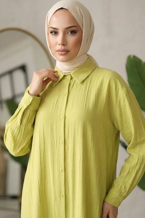 Kadın Gömlek Yaka Arka A Pile Çilek Kumaş Yazlık Efil Efil Trend 110 CM Yağ Yeşil Tesettür Uzun Tunik 