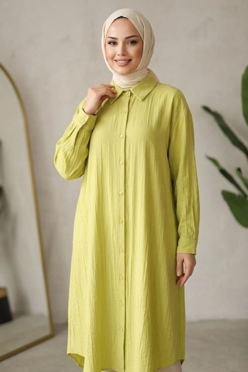 Kadın Gömlek Yaka Arka A Pile Çilek Kumaş Yazlık Efil Efil Trend 110 CM Yağ Yeşil Tesettür Uzun Tunik 