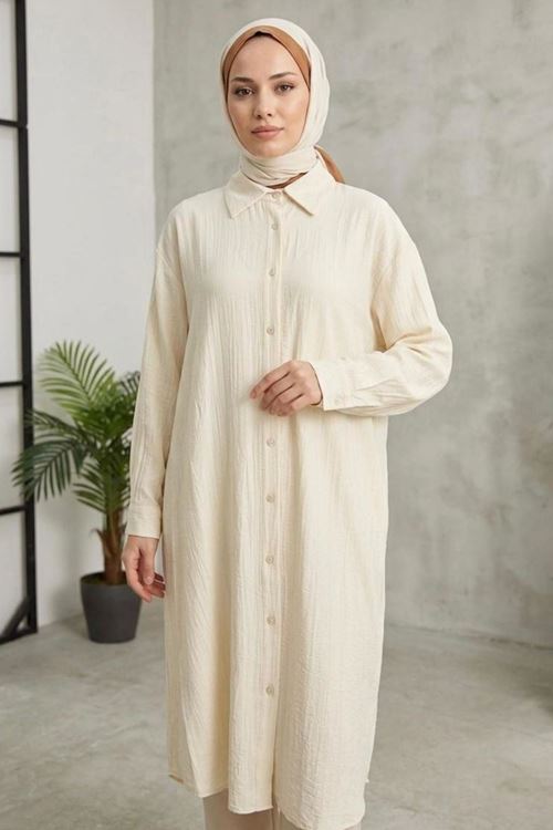 Kadın Gömlek Yaka Arka A Pile Çilek Kumaş Yazlık Efil Efil Trend 110 CM Bej Tesettür Uzun Tunik 