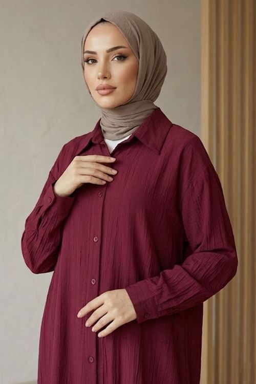 Kadın Gömlek Yaka Arka A Pile Çilek Kumaş Yazlık Efil Efil Trend 110 CM Bordo Tesettür Uzun Tunik 