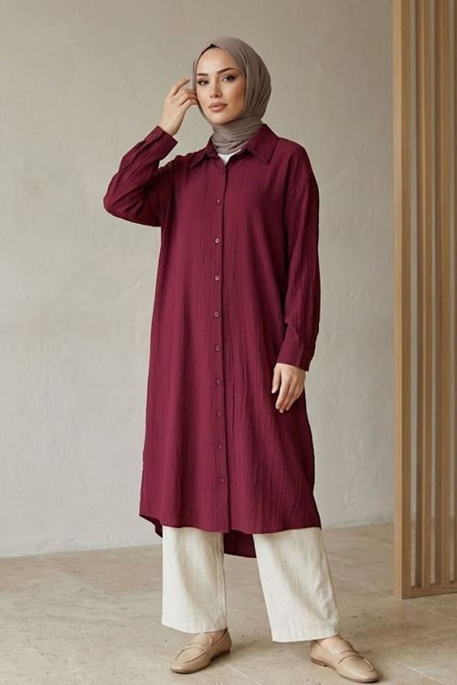 Kadın Gömlek Yaka Arka A Pile Çilek Kumaş Yazlık Efil Efil Trend 110 CM Bordo Tesettür Uzun Tunik 