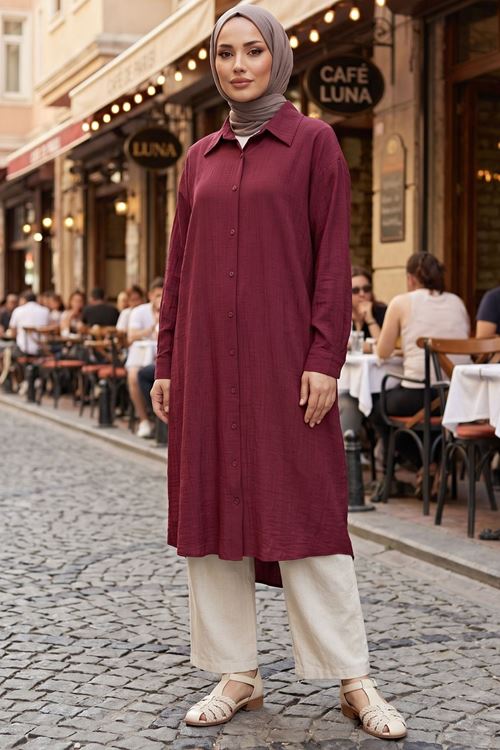 Kadın Gömlek Yaka Arka A Pile Çilek Kumaş Yazlık Efil Efil Trend 110 CM Bordo Tesettür Uzun Tunik 