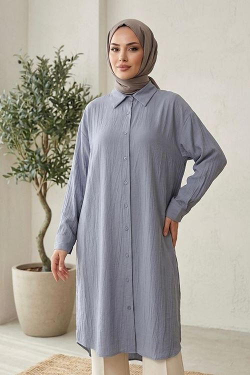 Kadın Gömlek Yaka Arka A Pile Çilek Kumaş Yazlık Efil Efil Trend 110 CM Gri Tesettür Uzun Tunik 