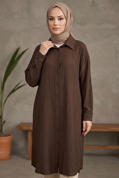 Kadın Gömlek Yaka Arka A Pile Çilek Kumaş Yazlık Efil Efil Trend 110 CM Kahve Tesettür Uzun Tunik 