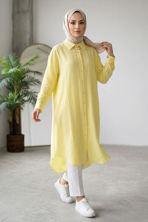 Kadın Gömlek Yaka Arka A Pile Çilek Kumaş Yazlık Efil Efil Trend 110 CM Sarı Tesettür Uzun Tunik 