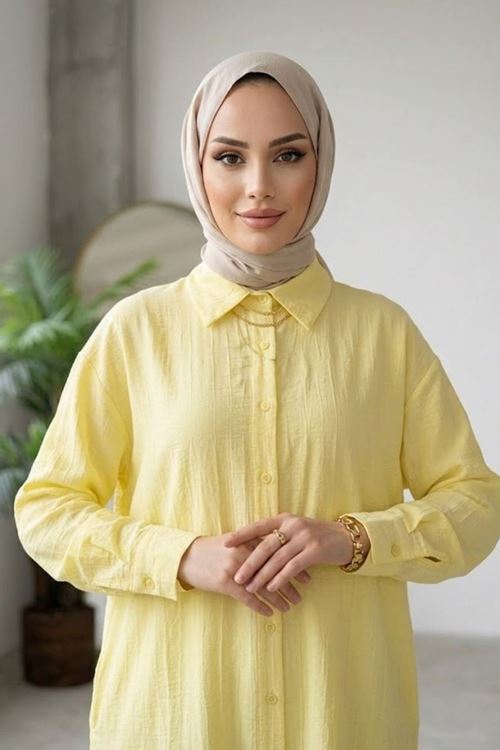Kadın Gömlek Yaka Arka A Pile Çilek Kumaş Yazlık Efil Efil Trend 110 CM Sarı Tesettür Uzun Tunik 