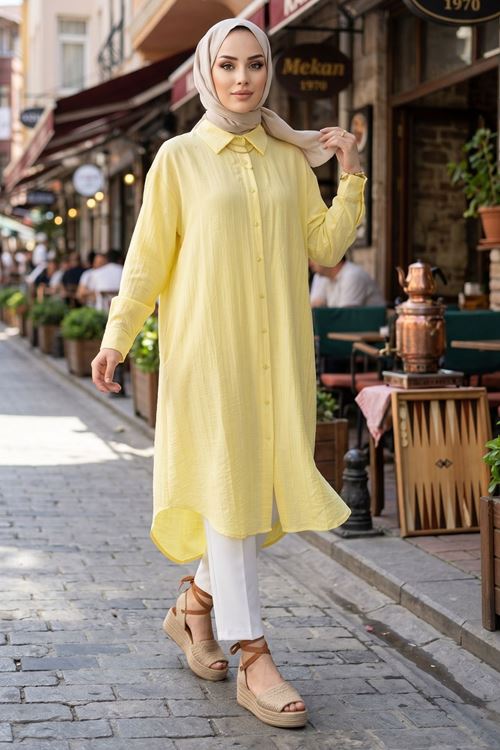 Kadın Gömlek Yaka Arka A Pile Çilek Kumaş Yazlık Efil Efil Trend 110 CM Sarı Tesettür Uzun Tunik 