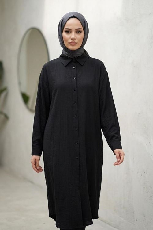 Kadın Gömlek Yaka Arka A Pile Çilek Kumaş Yazlık Efil Efil Trend 110 CM SiyahTesettür Uzun Tunik 