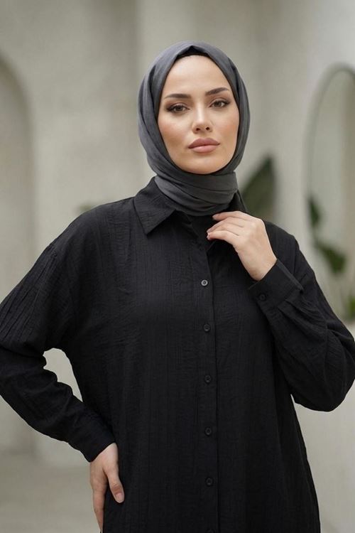 Kadın Gömlek Yaka Arka A Pile Çilek Kumaş Yazlık Efil Efil Trend 110 CM SiyahTesettür Uzun Tunik 
