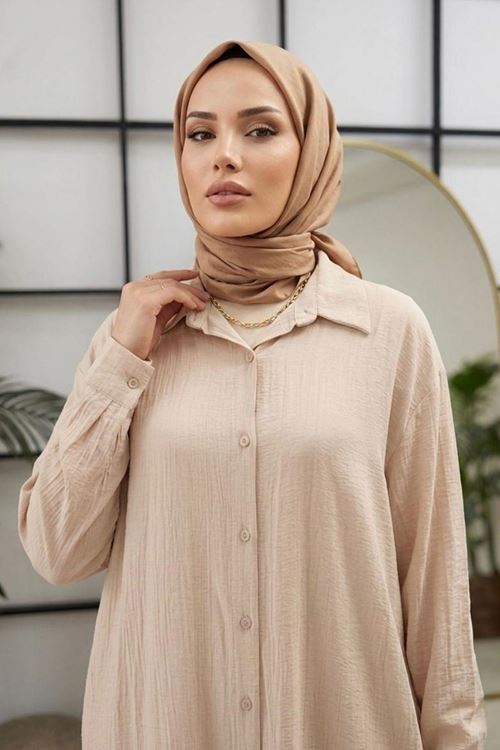 Kadın Gömlek Yaka Arka A Pile Çilek Kumaş Yazlık Efil Efil Trend 110 CM Taş Tesettür Uzun Tunik 