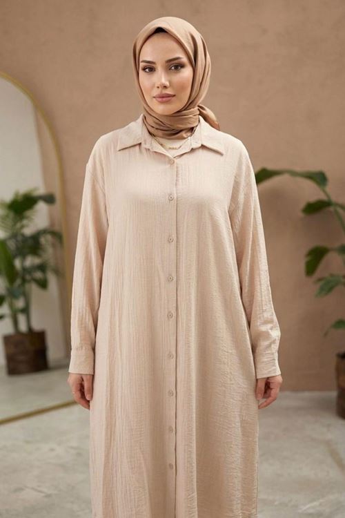 Kadın Gömlek Yaka Arka A Pile Çilek Kumaş Yazlık Efil Efil Trend 110 CM Taş Tesettür Uzun Tunik 