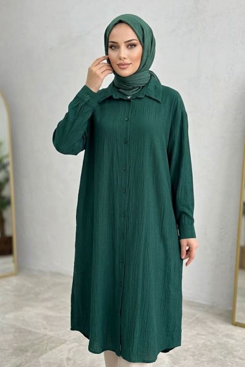 Kadın Gömlek Yaka Arka A Pile Çilek Kumaş Yazlık Efil Efil Trend 110 CM Zümrüt Yeşil Tesettür Uzun Tunik 